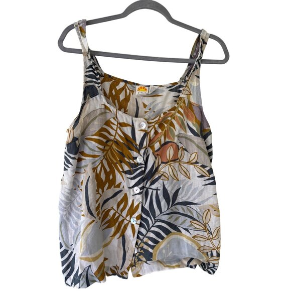 C&C California 100% Linen Button Down Tropical Print Sleeveless Shirt L - Picture 1 of 8